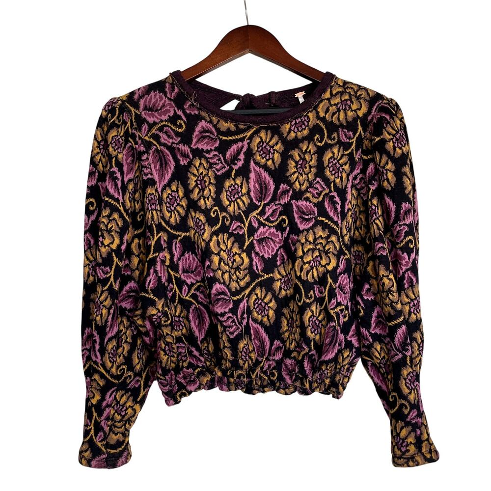 Free People No Ordinary Top Floral Cropped Puff Sleeve Sweater Size Small - Picture 3 of 9